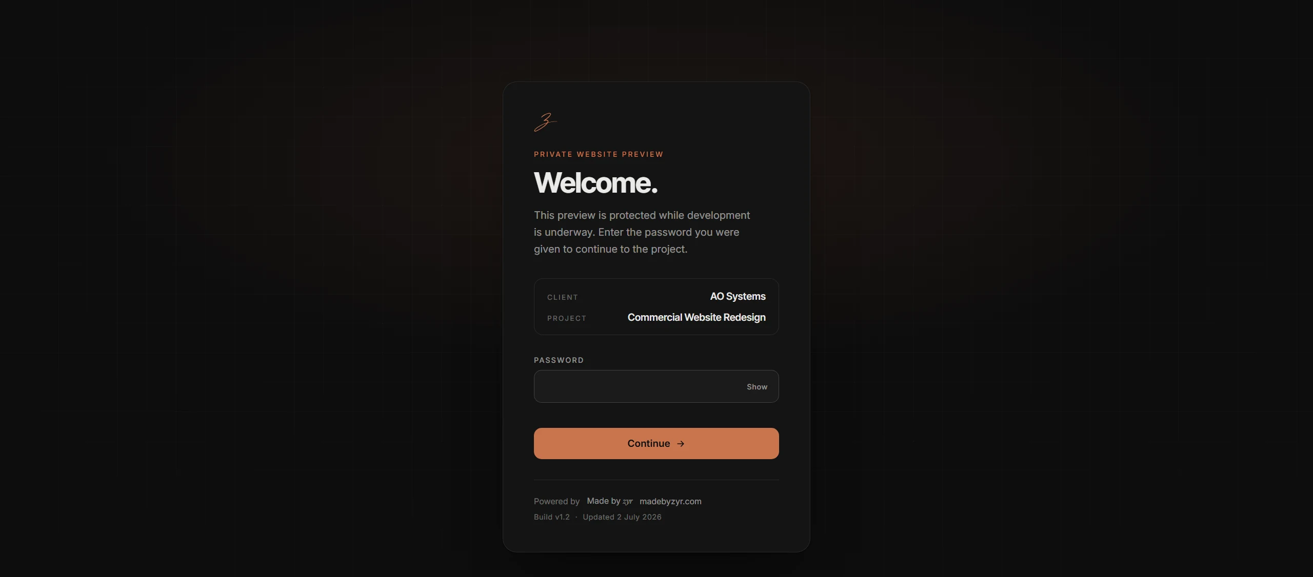 The Made by Zyr private website preview gate